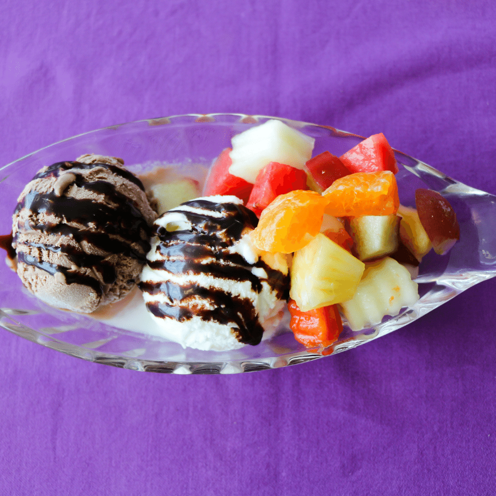 Fresh Fruit Salad Topped with Sorbet or Ice Cream