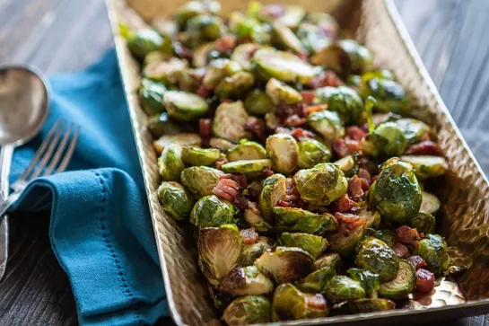 Brussel sprouts roasted in balsamic vinegar with bacon crumbles
