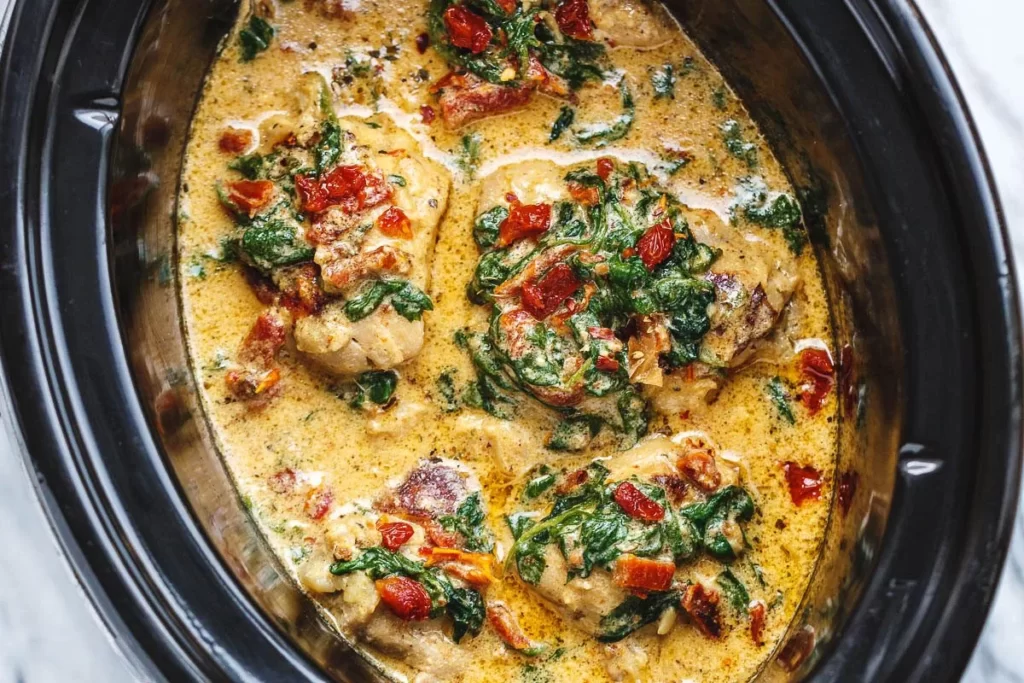 CrockPot Tuscan Garlic Chicken Thighs With Spinach and Sun-Dried Tomatoes