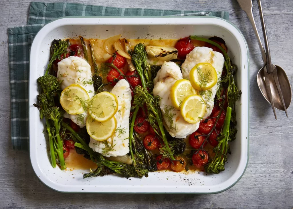 Fish and broccoli tray bake recipe