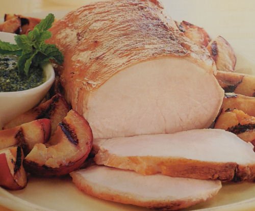 Roasted Pork Loin with Mint Sauce and Plums