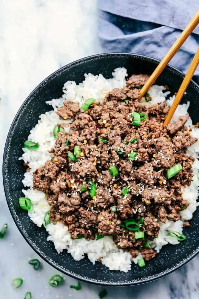 korean ground beef and rice bowls in the slowcooker