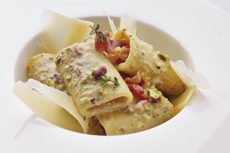 Paccheri Pasta with Pistachios, Pancetta and Piave Cheese