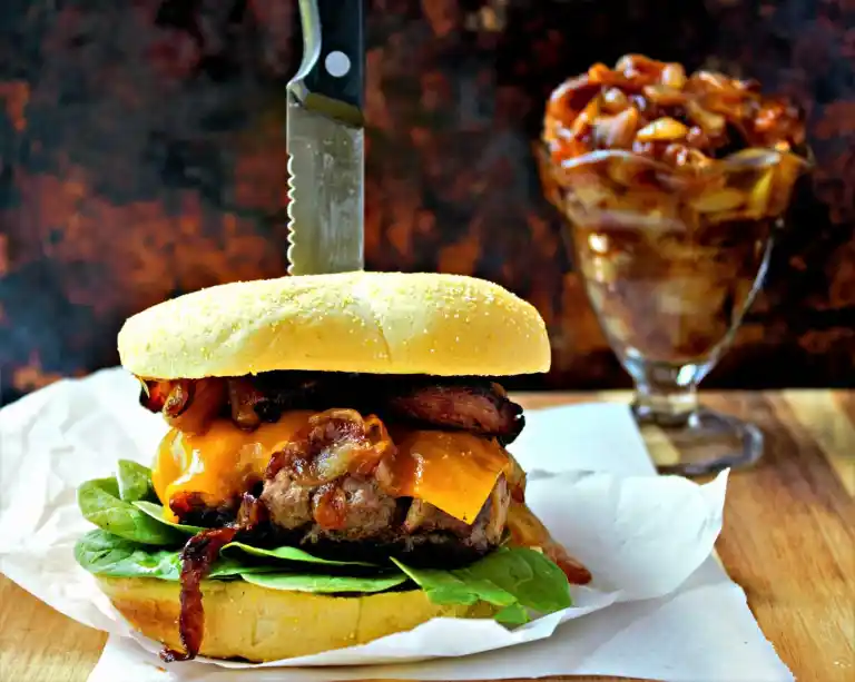 Bacon Burgers with Caramelized Onions