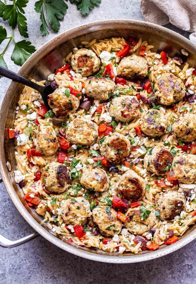 Greek Meatballs and Orzo Skillet