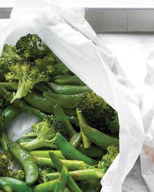 Broccoli, Asparagus, and Snap Peas on Parchment
