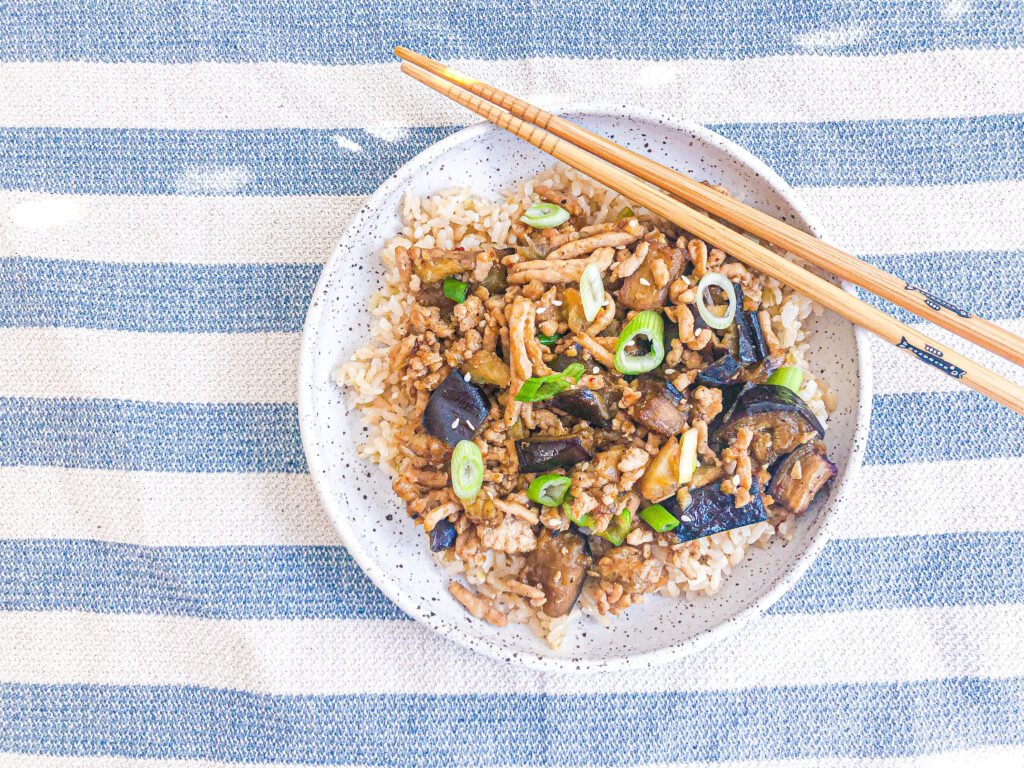 Chinese Ground Chicken and Roasted Eggplant Stir-Fry