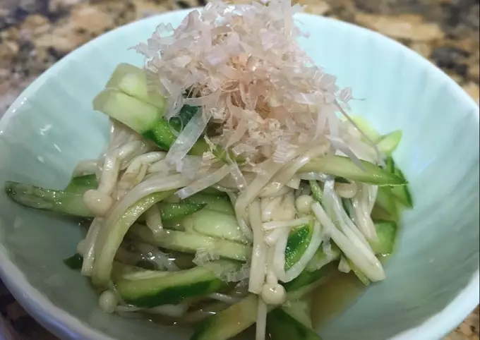 Enoki mushrooms and cucumber with umeboshi-flavored ponzu dressing