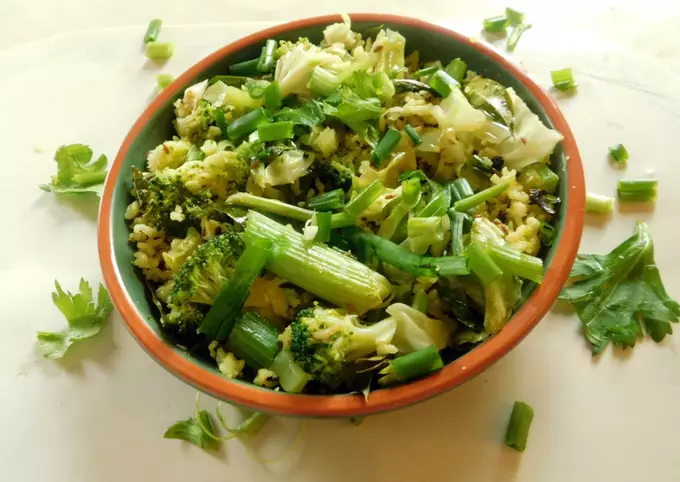 Fried Rice Topped with Green Veggies