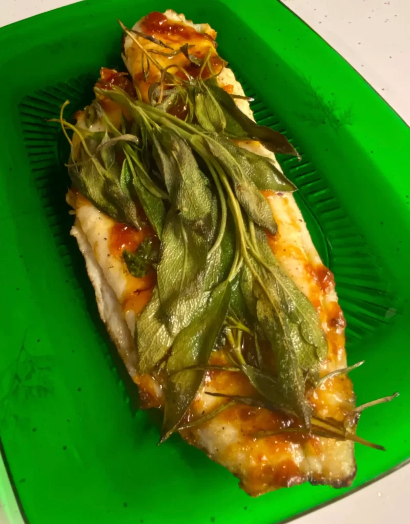 Grilled Flounder with Sweet Tomato and Chili Chutney, Rosemary and Sage