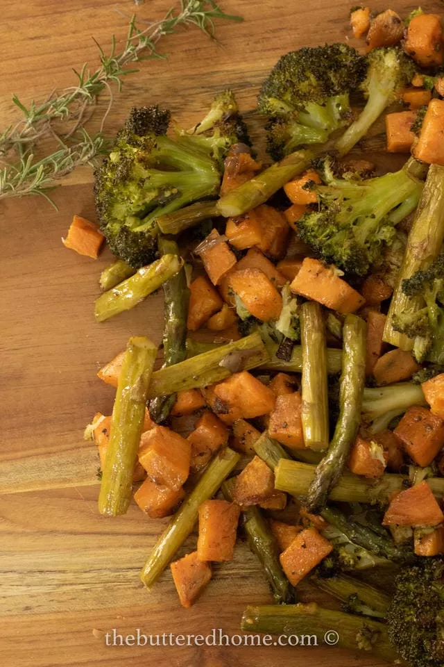 Roasted Sweet Potatoes, Onions, Broccoli, and Asparagus