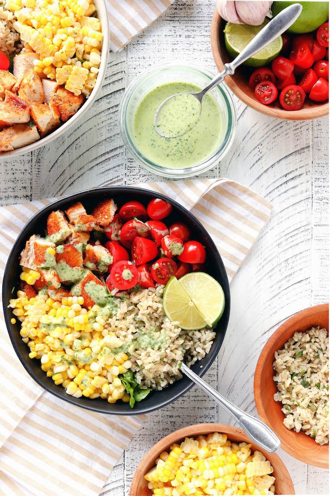 healthy chicken burrito bowls with cilantro-lime dressing
