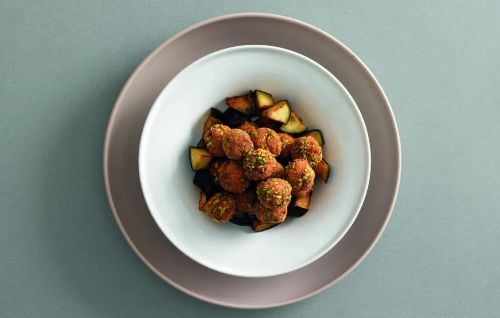 Pistachio-Chicken Meatballs with Fried Eggplant