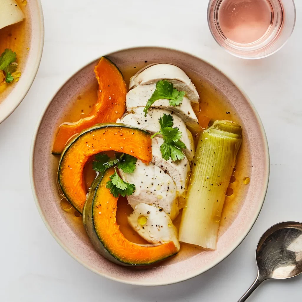 Poached Chicken Breast with Kabocha Squash and Leeks