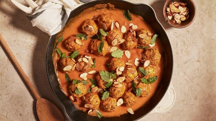 Turkey Meatballs in Apricot Sauce with Mint and Almonds