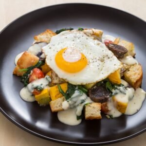 Fried Egg topped with summer saute