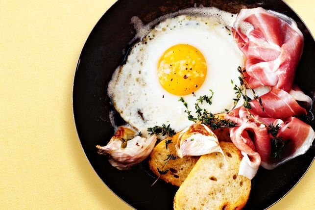 Fried eggs and bread with prosciutto