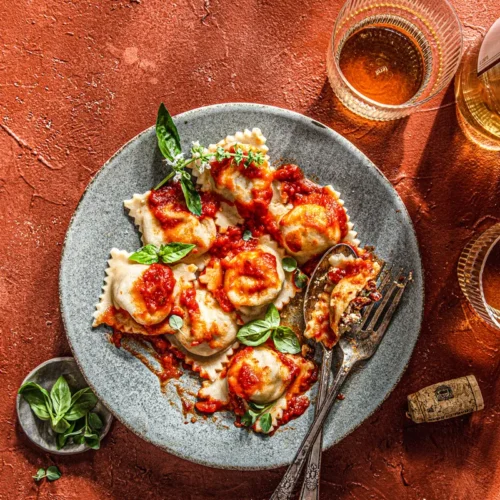 goat cheese and sun dried tomato ravioli with tomato sauce