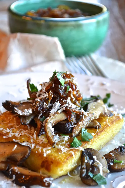 fried polenta with caramelized onions & sauteed mushrooms