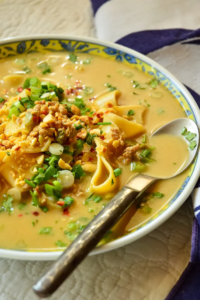 Asian Noodle Soup with Ground Pork and Peanuts