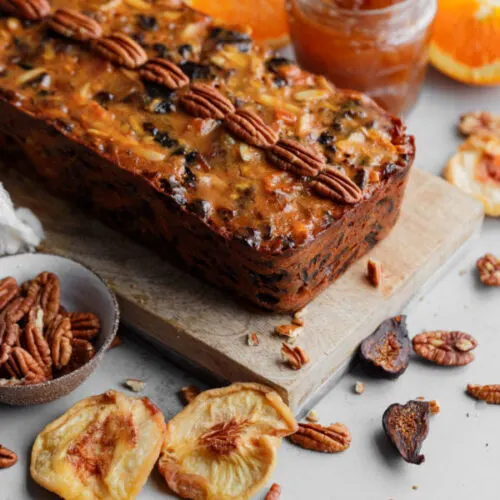 fruit cake topped with dried fruit