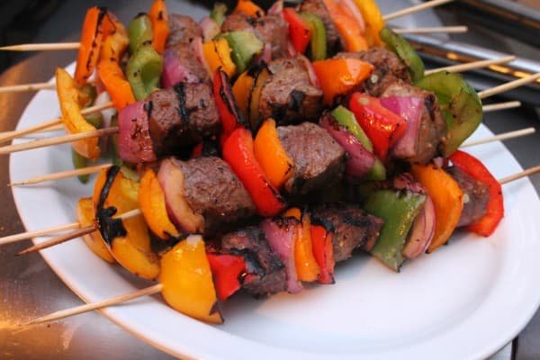 Grilled Sirloin Steak, Onion, and Sweet Pepper Kabobs