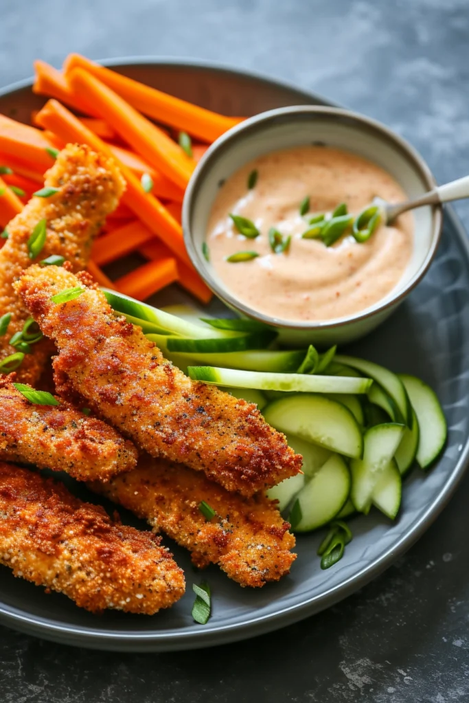 Crunchy Fish Sticks And Veggies With Dipping Sauce