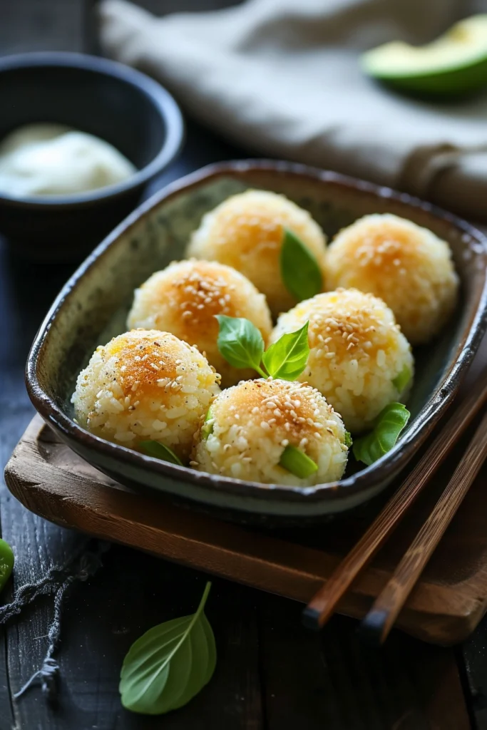 Japanese Rice Balls Stuffed With Corn, Cream, Avocado, And Mayonnaise