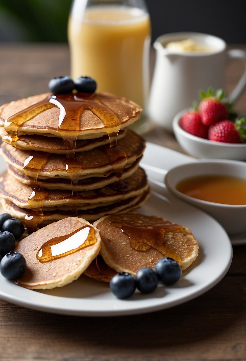 A stack of oatmeal pancakes drizzled with maple syrup on a plate, accompanied by a pat of butter and a side of fresh berries