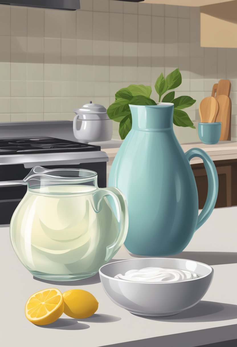 A bowl of sour cream and a pitcher of water sit on a kitchen counter, ready to be used as substitutes for buttermilk in a recipe
