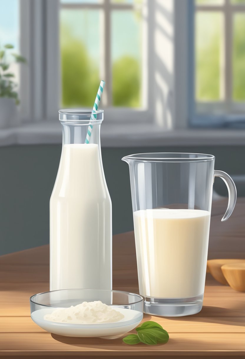 A glass of kefir sits next to a measuring cup of vinegar, with a bowl of milk in the background