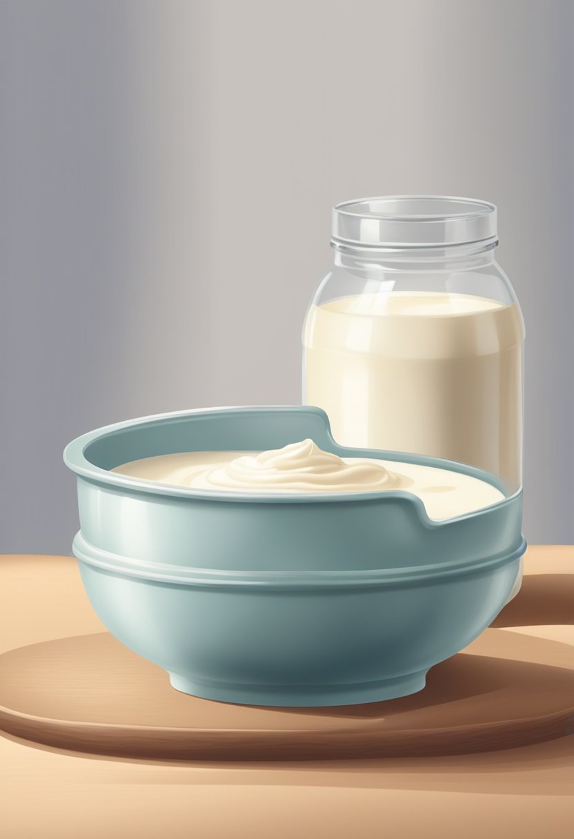 A bowl of regular milk with cream of tartar mixed in, sitting next to a container of buttermilk