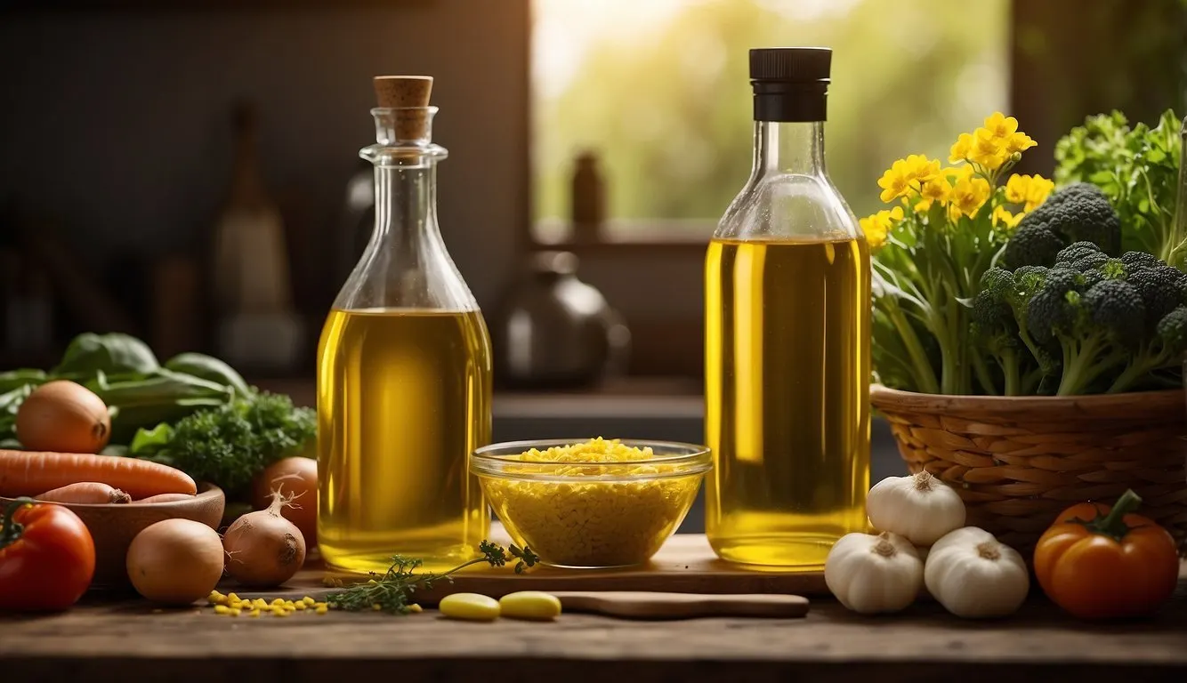 A bottle of canola oil sits next to various vegetables, with a measuring cup pouring oil into a mixing bowl