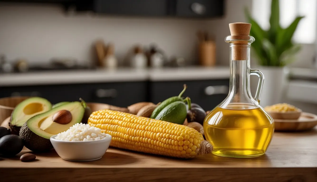 A bottle of corn oil sits next to various alternatives like olive oil, coconut oil, and avocado oil on a kitchen countertop