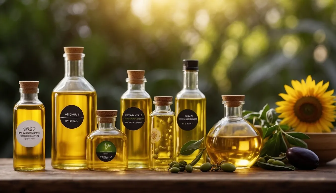 A bottle of soybean oil sits next to various plant-based oils like olive and sunflower, with a "Vegetable Oil Substitute" label