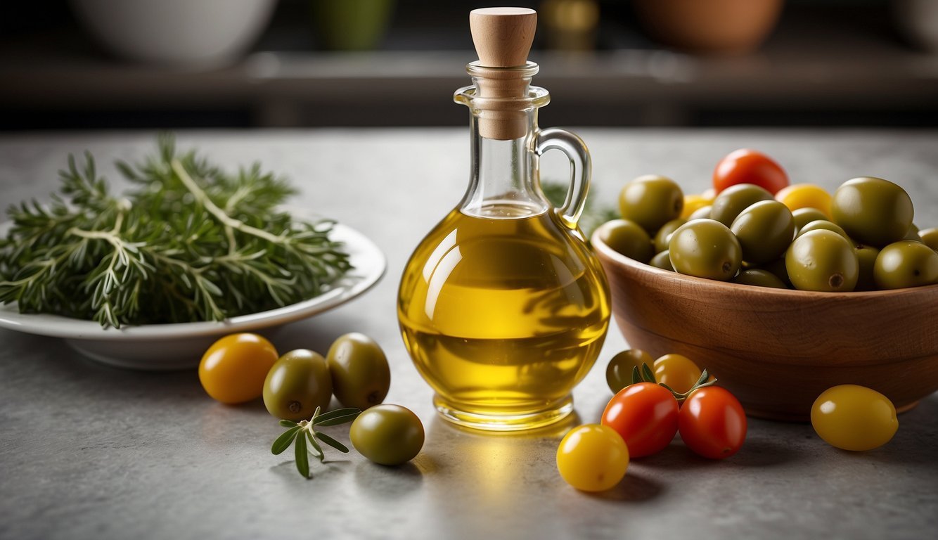 A bottle of olive oil sits next to a bowl of vegetables, replacing the traditional vegetable oil in a recipe