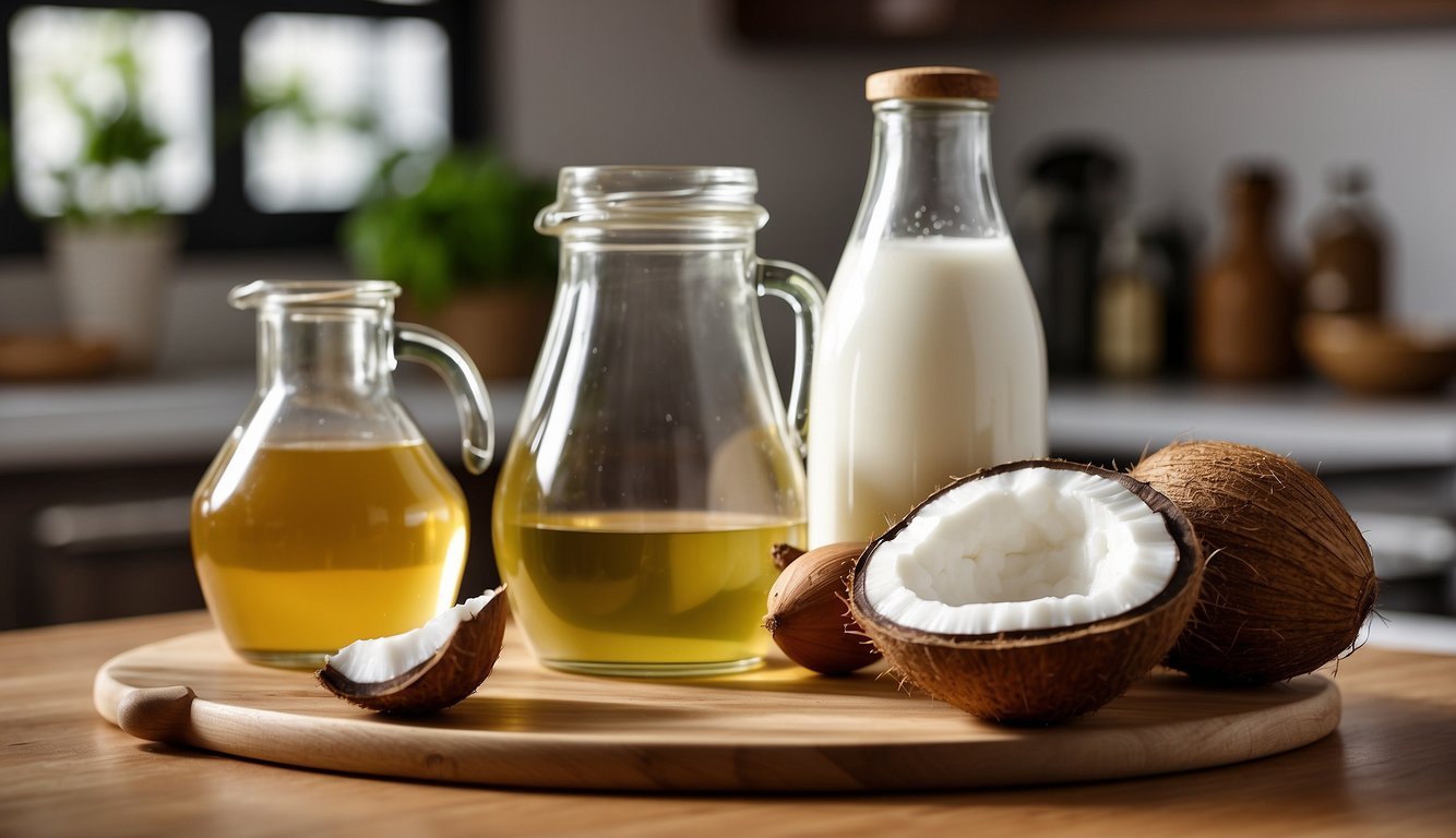 A jar of coconut oil sits next to a bottle of vegetable oil on a kitchen counter, with various cooking utensils and ingredients in the background