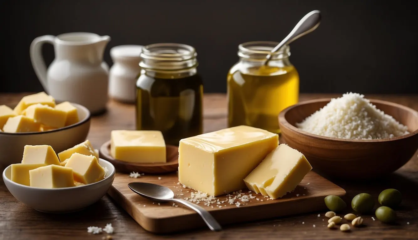 A variety of butter substitutes sit on a kitchen counter, including margarine, coconut oil, and olive oil, with a measuring spoon and a mixing bowl nearby