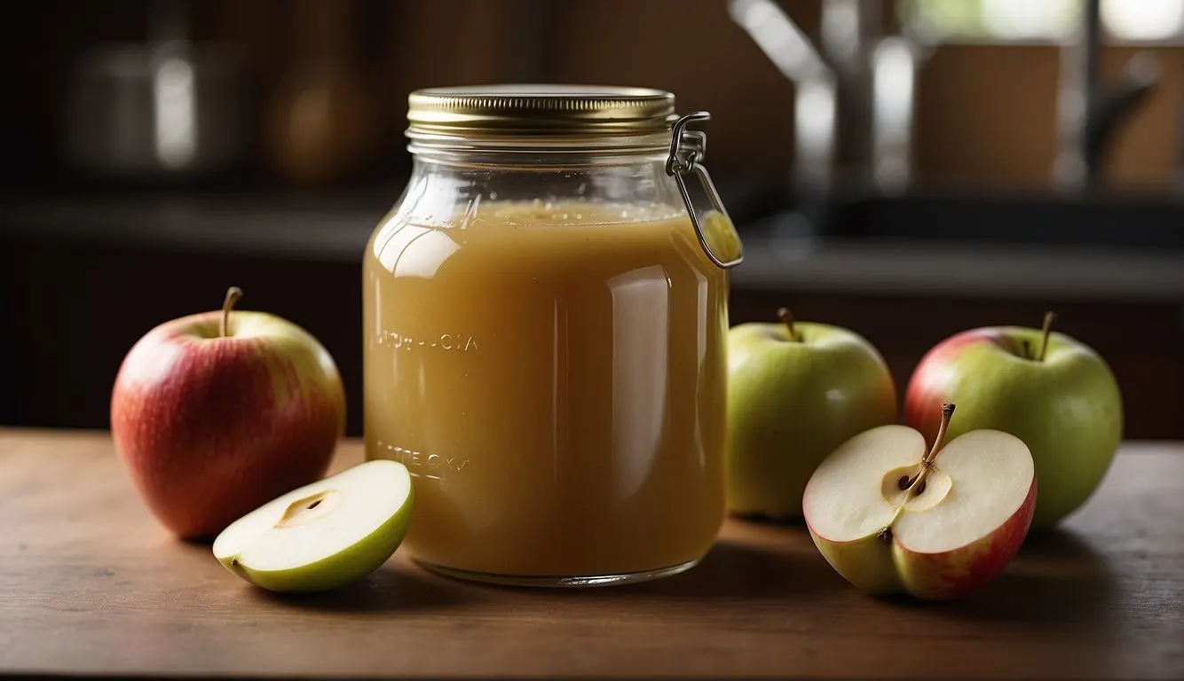 A jar of applesauce sits next to a measuring cup, replacing vegetable oil in a recipe
