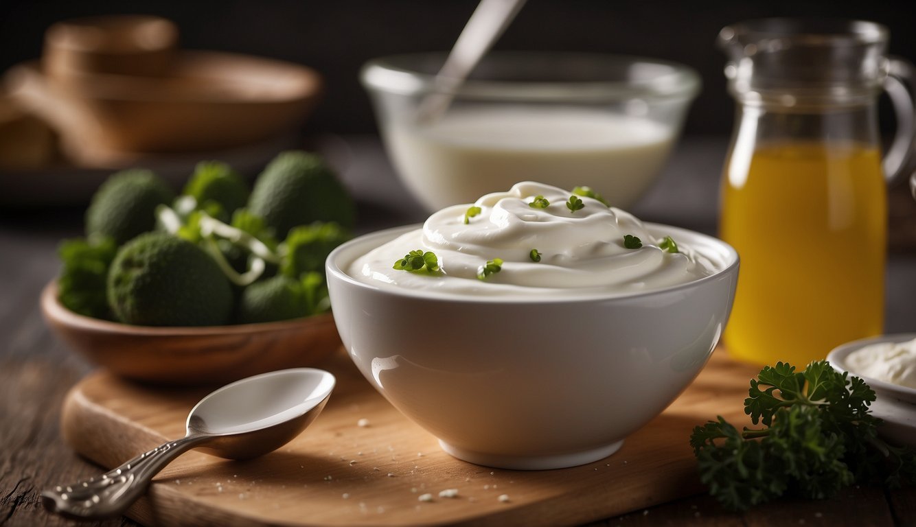 A bowl of Greek yogurt sits next to a measuring cup of vegetable oil, with a spoon mixing them together in a kitchen setting