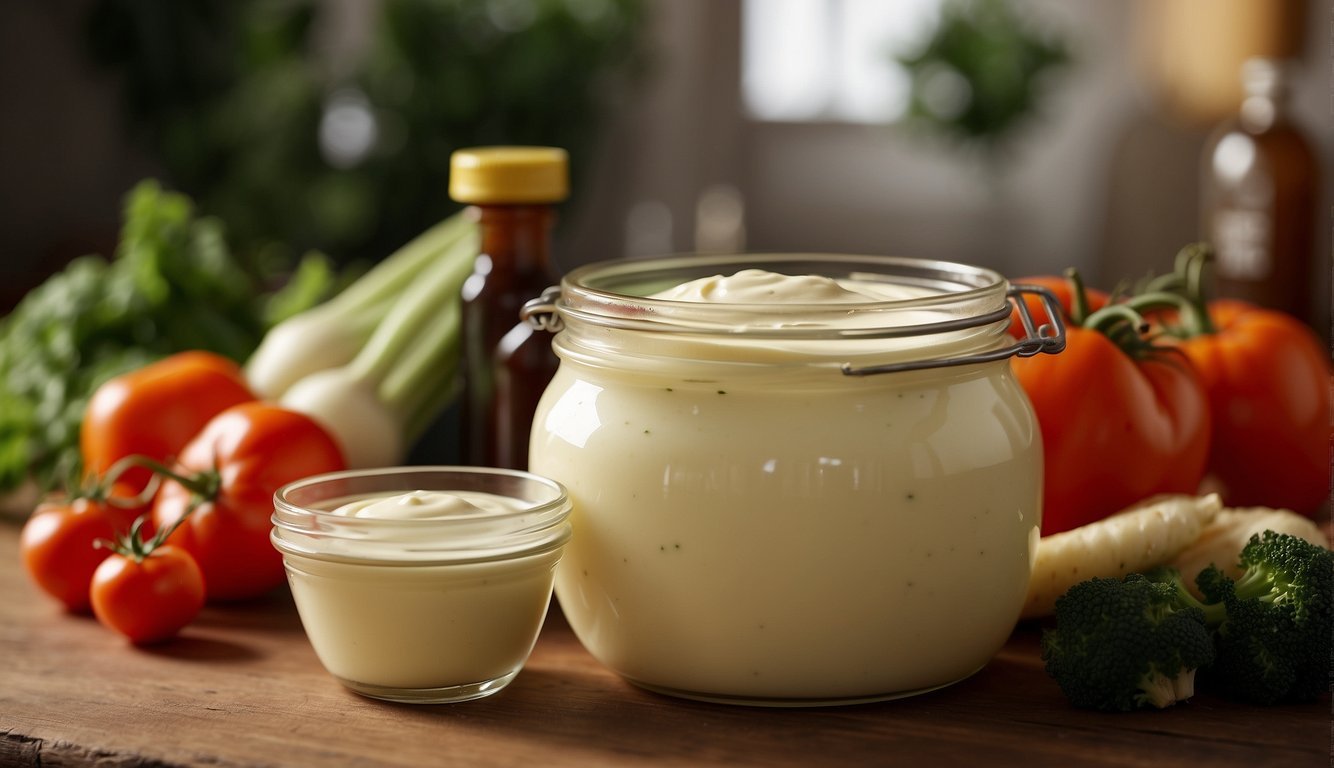 A jar of mayonnaise sits next to a bowl of vegetables, while a bottle of vegetable oil is pushed to the side