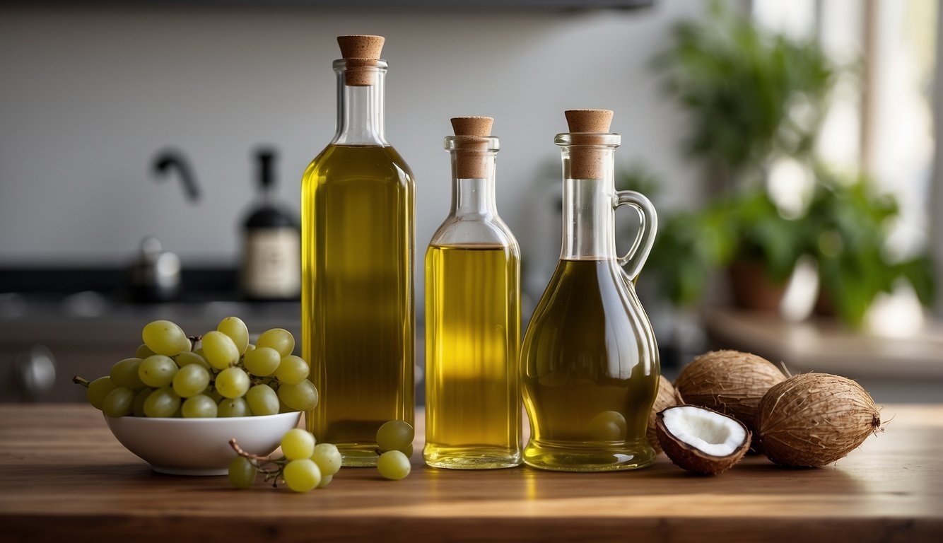 A bottle of grapeseed oil sits next to various alternatives like olive oil and coconut oil on a kitchen counter