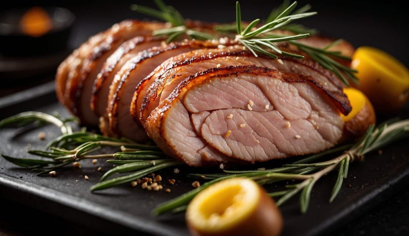 A pork tenderloin is wrapped in crispy bacon, nestled on a baking tray with rosemary and garlic