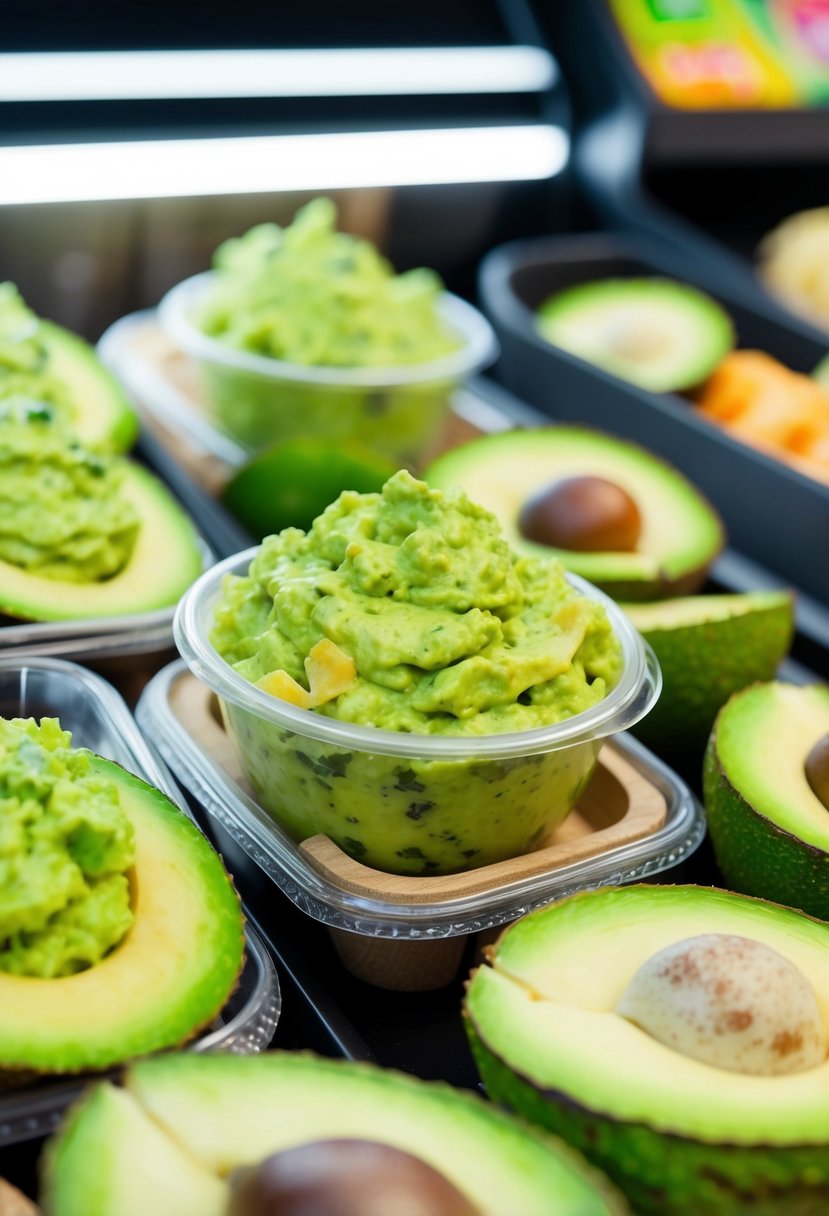 A grocery store display of premade guacamole with moldy spots and discolored edges
