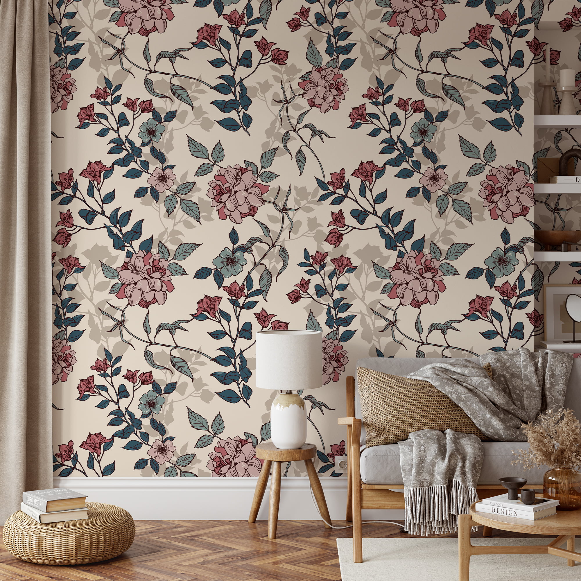 a vintage living room with patterned wallpaper