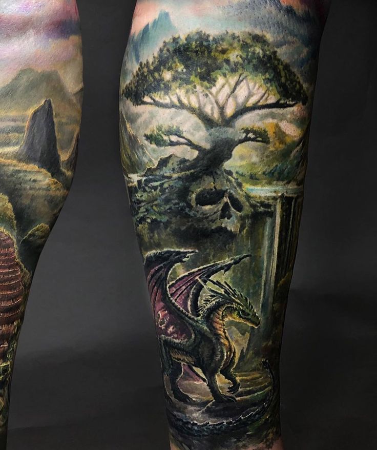 fantasy landscape leg sleeve tattoo