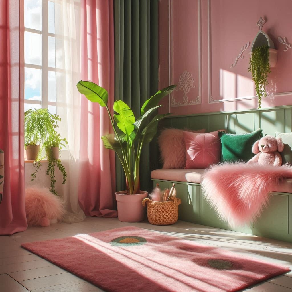 a dreamy pink and green living room with pink rug
