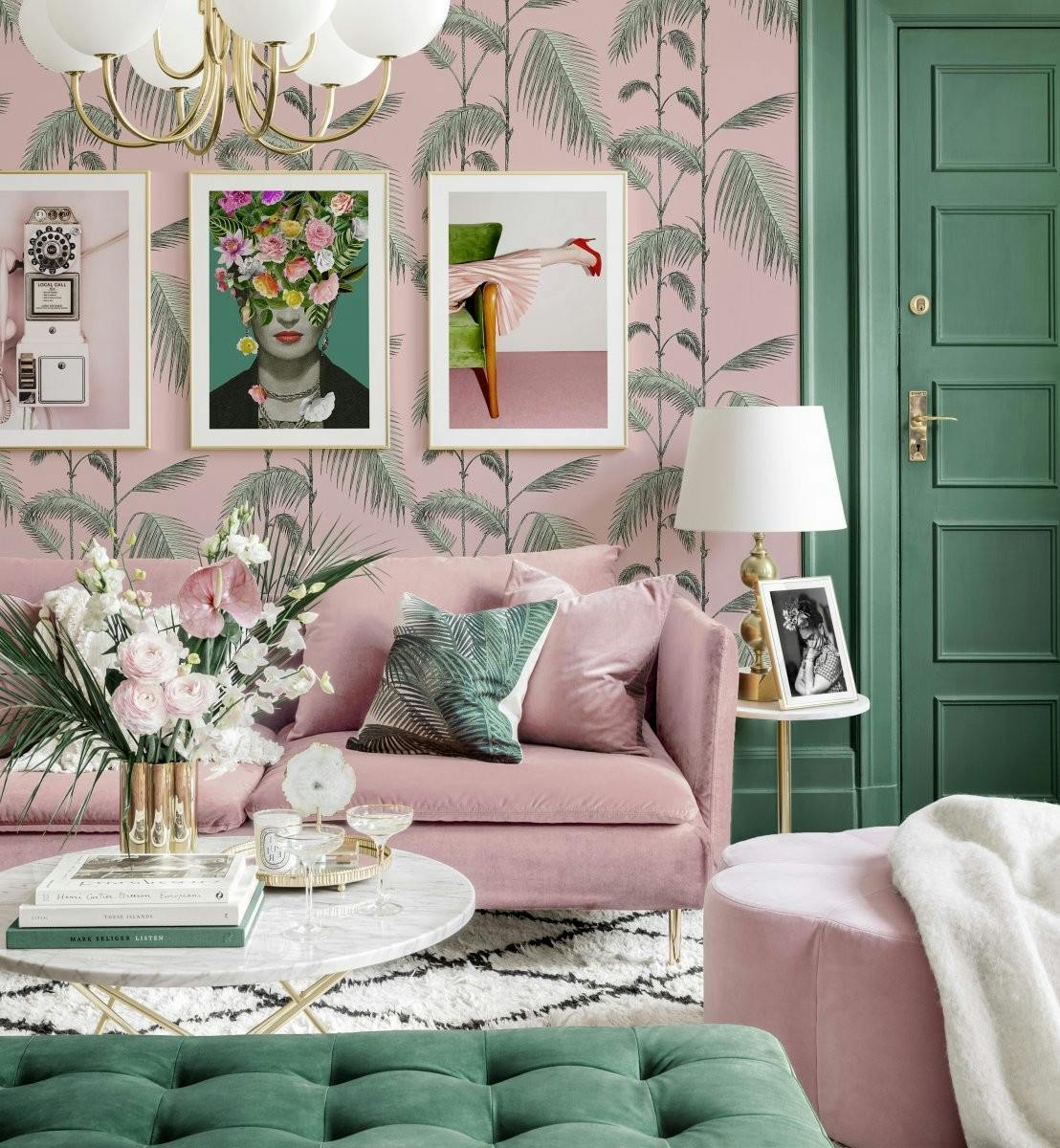 a dreamy pink and green living room with green artwork