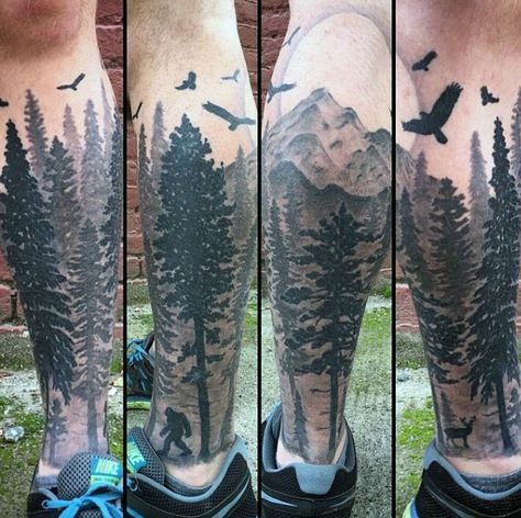 nature forest leg sleeve tattoo