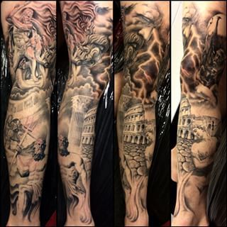 ancient ruins leg sleeve tattoo
